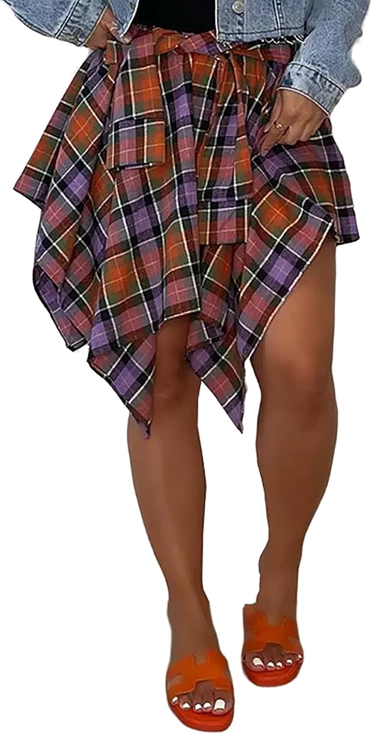 Women's Plaid Skirts High Waisted Knot Front Mini Skater Style