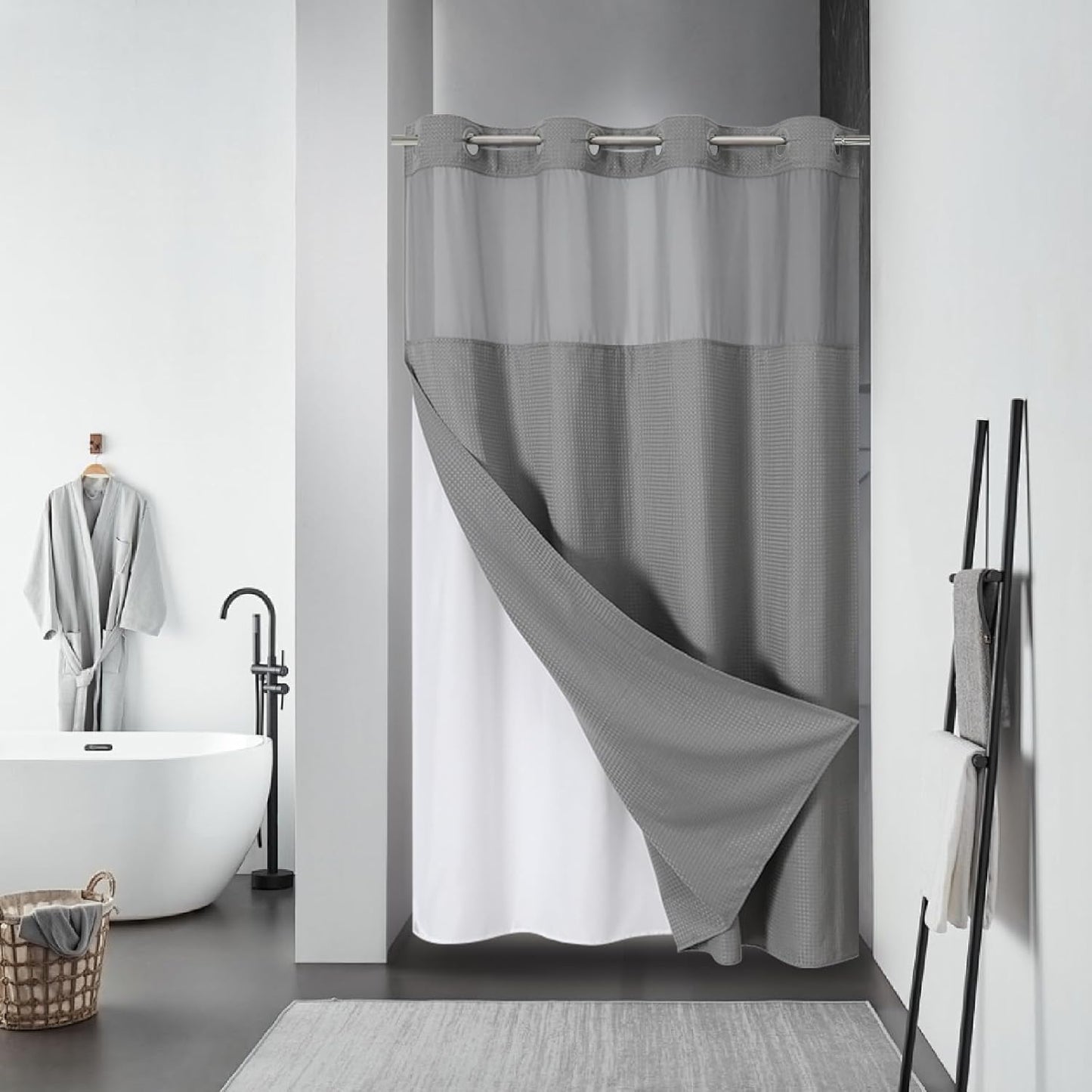 Grey No Hook Waffle Weave Shower Curtain for Modern Bathrooms