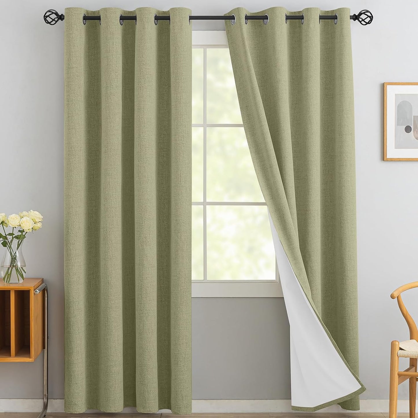 Yakamok Sage Green Linen Curtains 100% Blackout 96 Inches Long