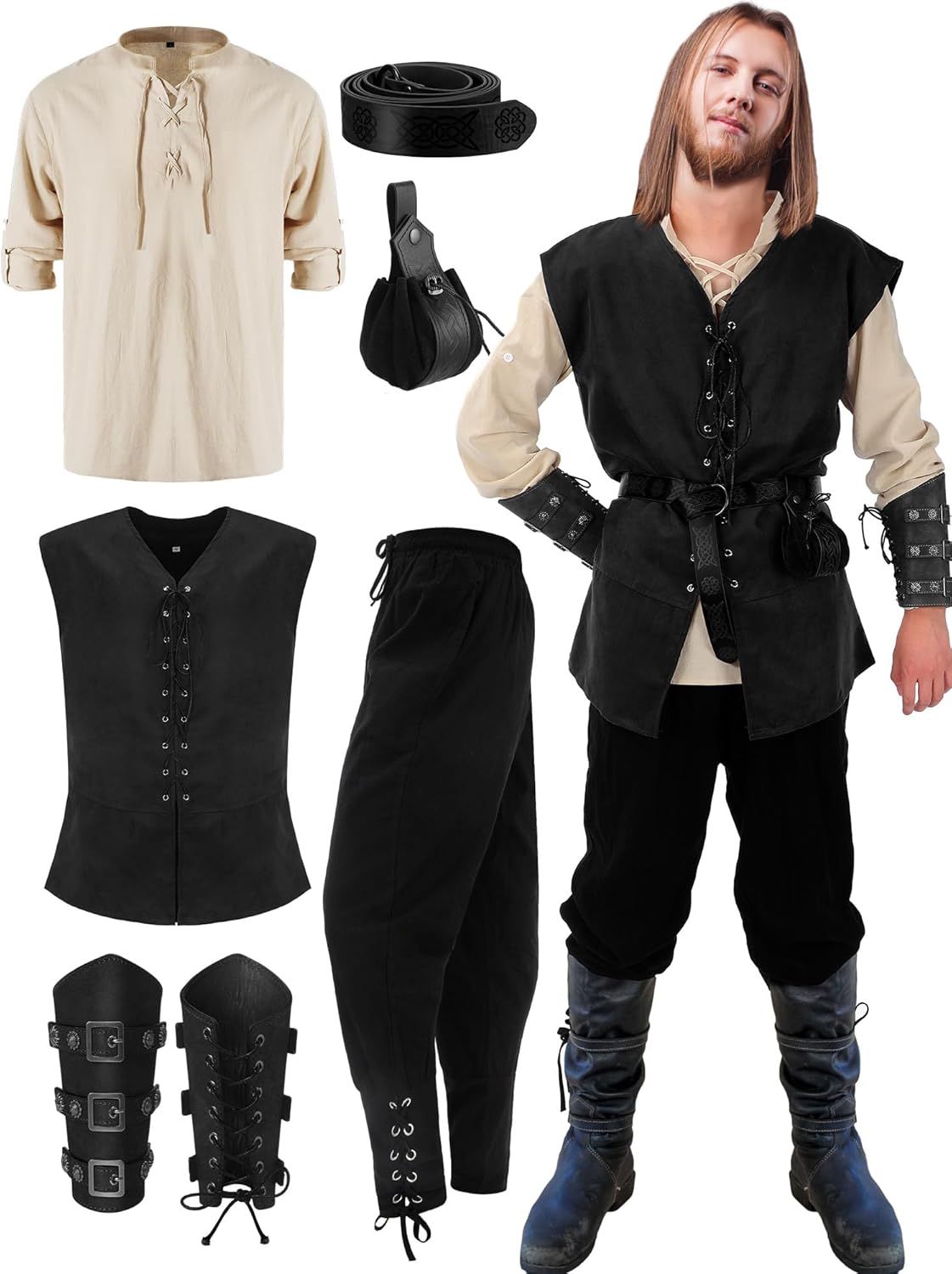 Suhine 6 Pcs Men's Halloween Renaissance Costume Set for Cosplay