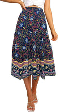 Women's Boho Leopard Print Pleated Midi Skirt - Red White Polyester