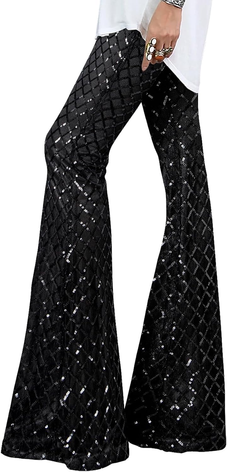 EVALESS Women Sequin Pants Sparkly Glitter High Waisted Flare