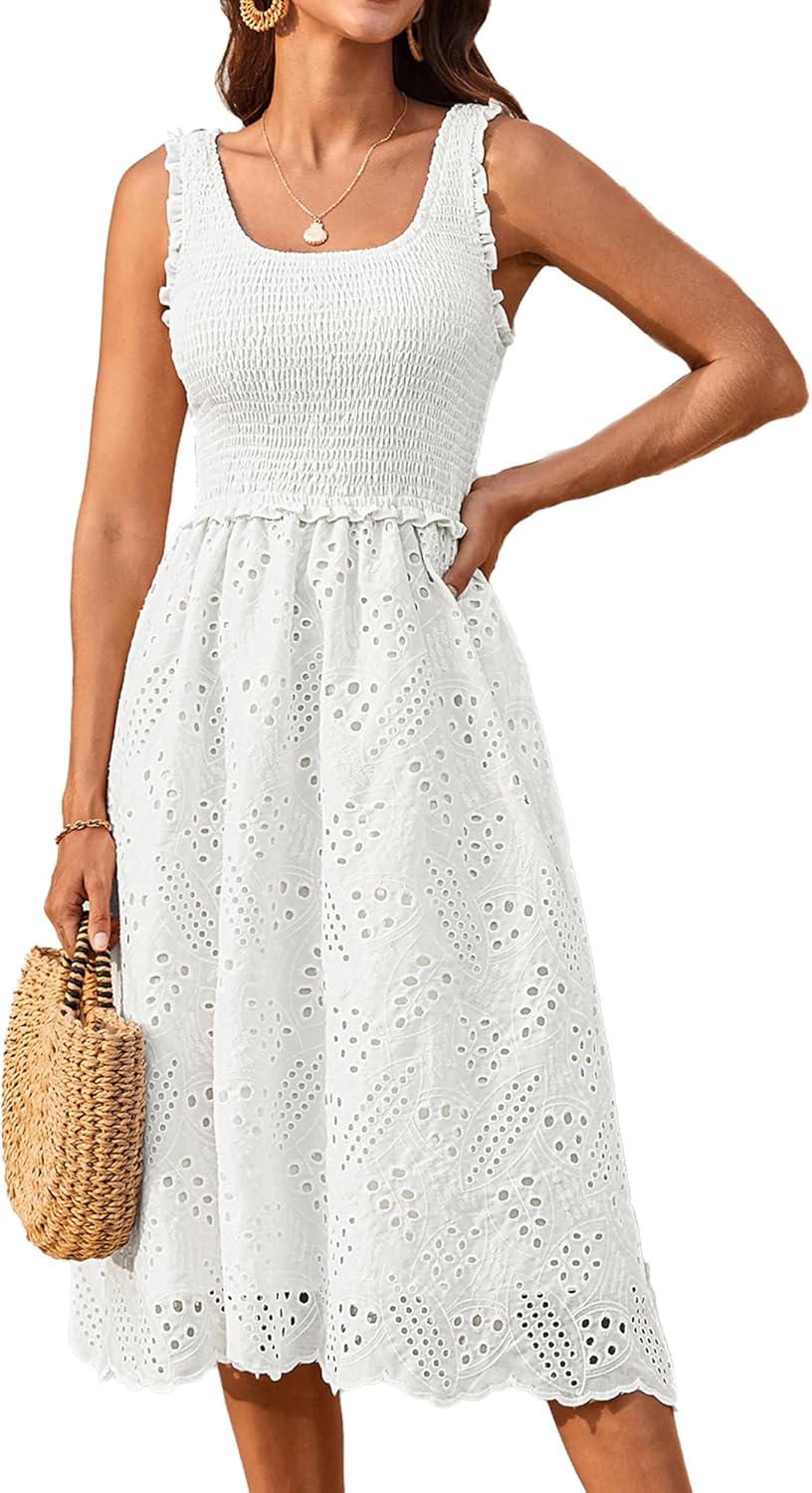 GRACE KARIN Womens Summer Midi Dress with Pockets and Embroidery