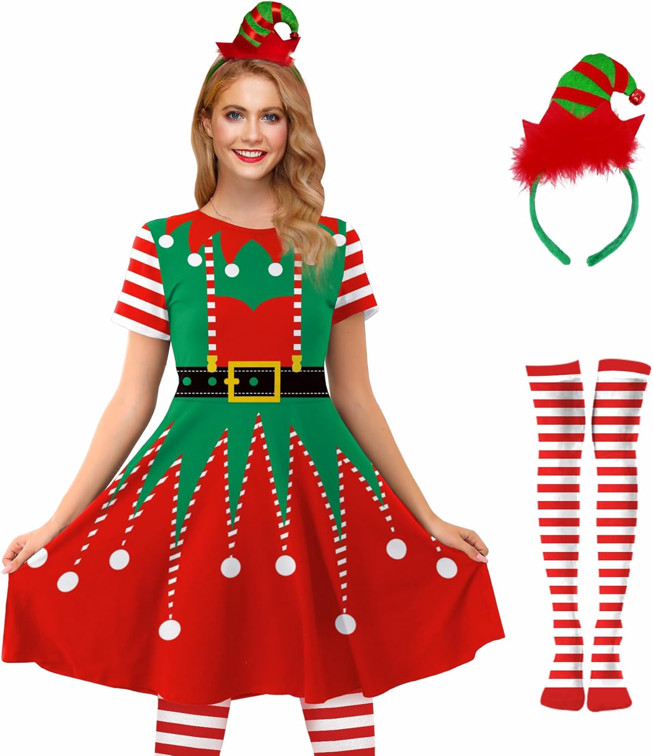 Christmas Elf Costume for Women - Swing Dress with Accessories