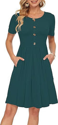 Short Sleeve Pleated Dress for Women by AUSELILY with Pockets