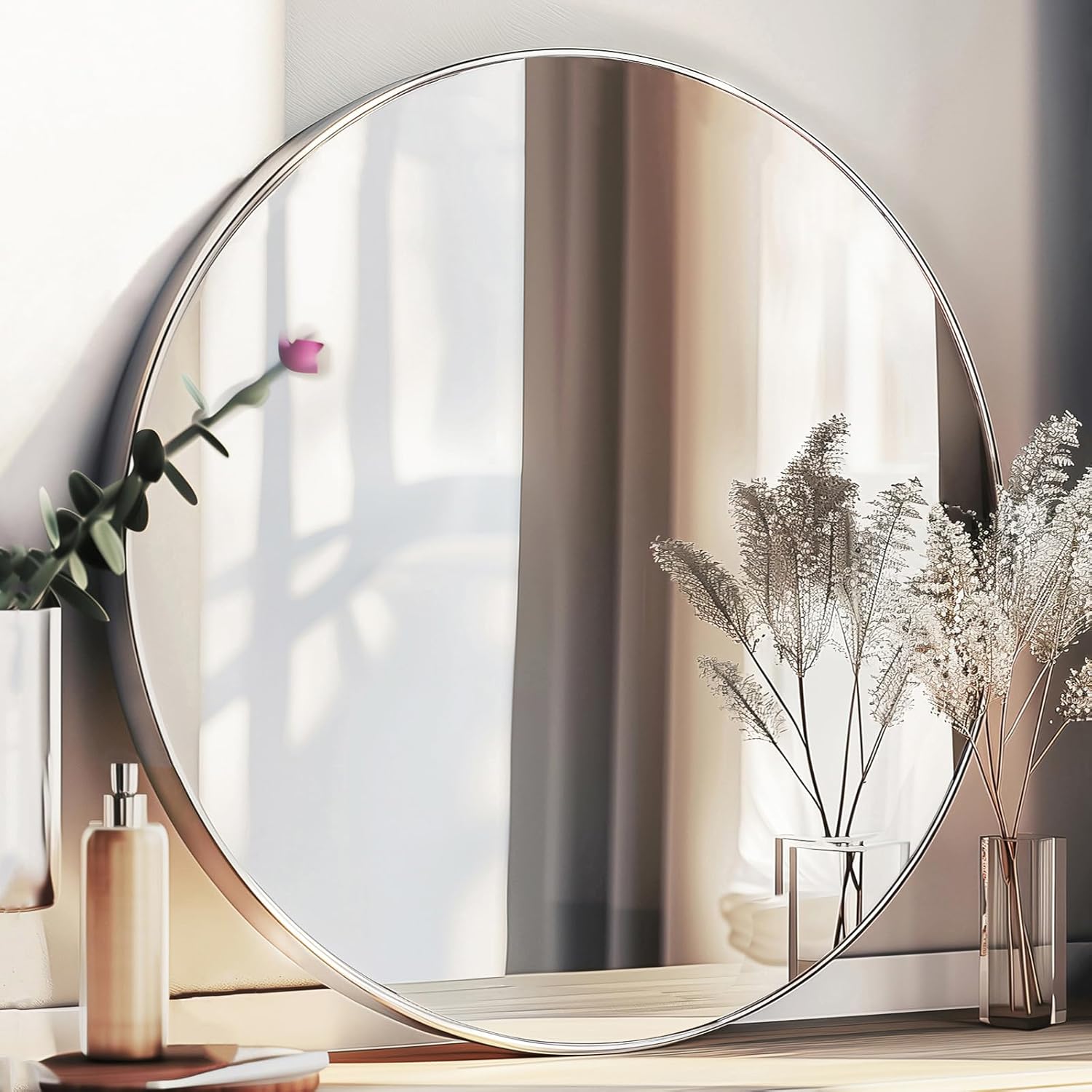 Silver Round Mirror 24 inch with Metal Frame for Home Decor