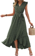 Women V Neck Summer Dress Swiss Dot Boho Maxi - Flowy Ruffle