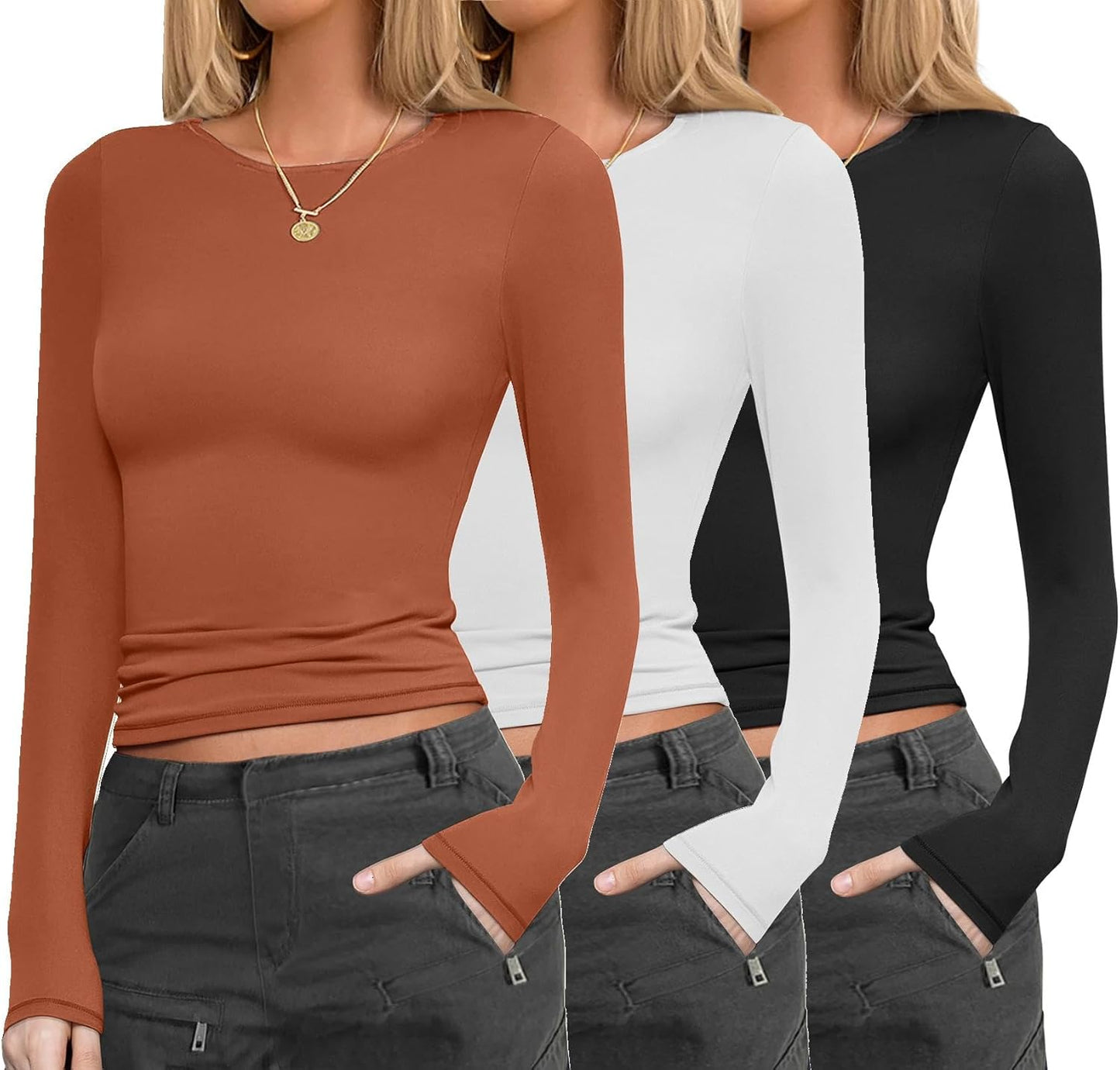Ekouaer Womens Long Sleeve Thermal Tops 3 Pack for Layering