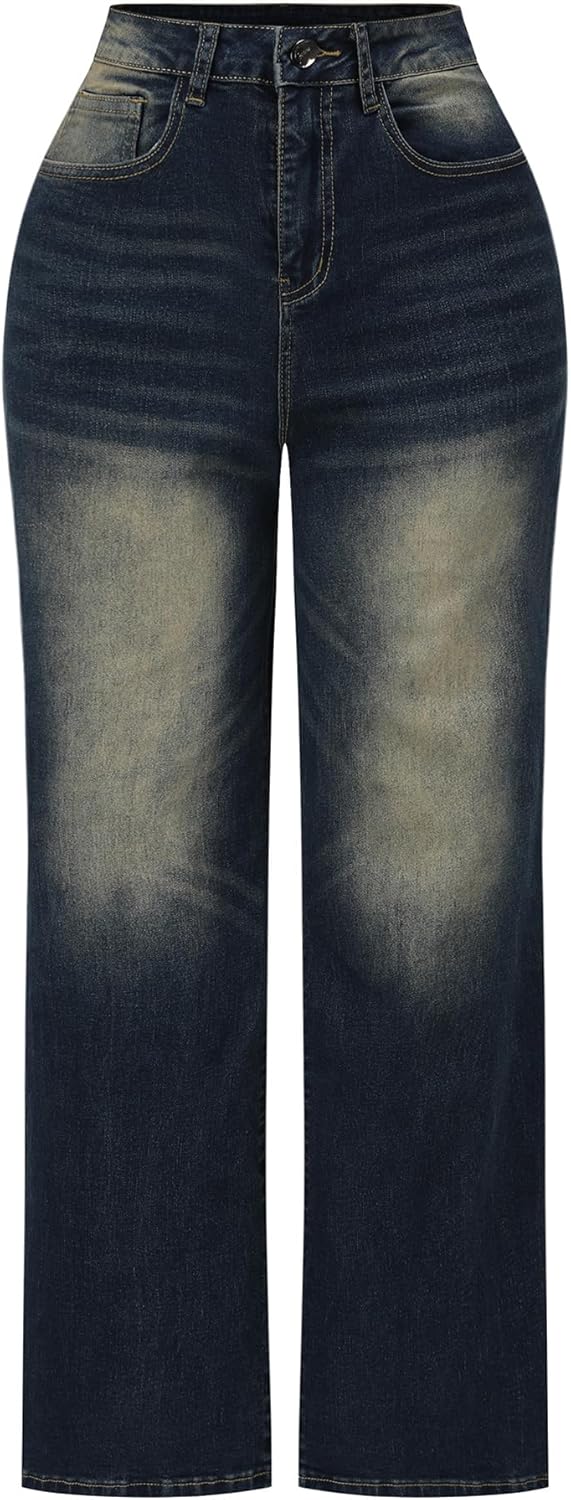 High Waisted Wide Leg Jeans for Women - Stretchy Distressed Denim