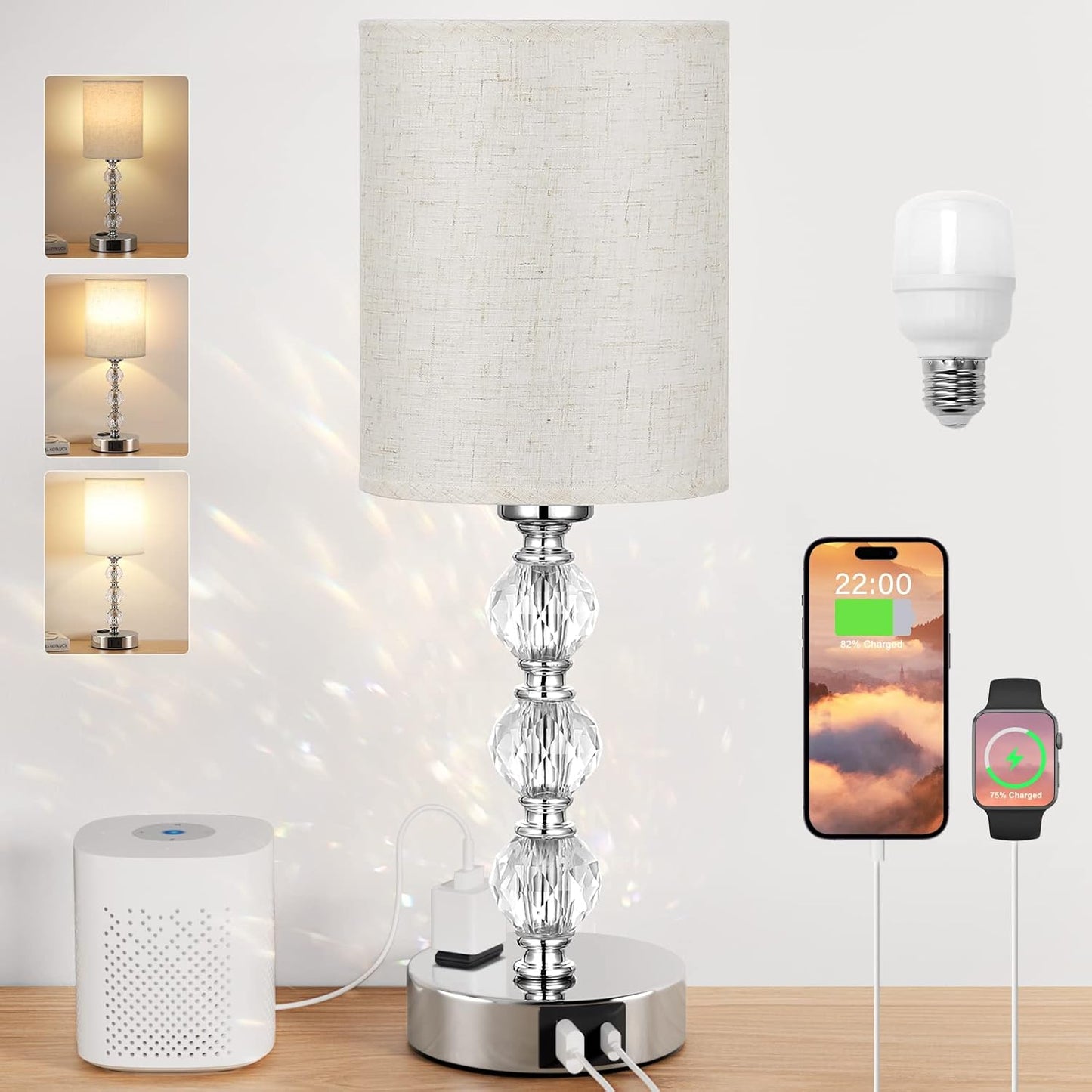 Elegant Crystal Touch Bedside Lamp with USB Charging Ports