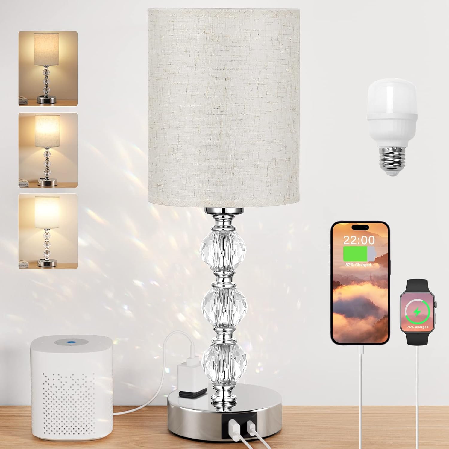 Elegant Crystal Touch Bedside Lamp with USB Charging Ports