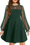 Arshiner Girl's Puff Long Sleeve Dress with Mesh Contrast and Pockets