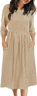 Women's 3/4 Balloon Sleeve Striped High Waist Midi Dress - Comfortable