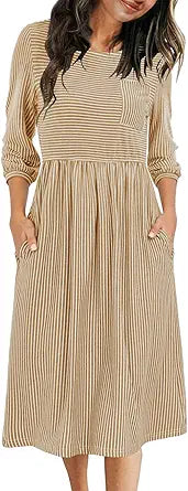MEROKEETY Women's Striped High Waist T Shirt Midi Dress Review