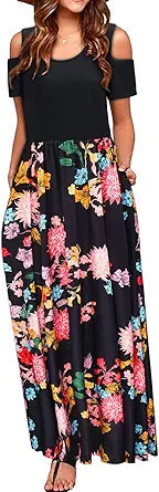 STYLEWORD Women's Summer Maxi Cold Shoulder Floral Dress with Pockets