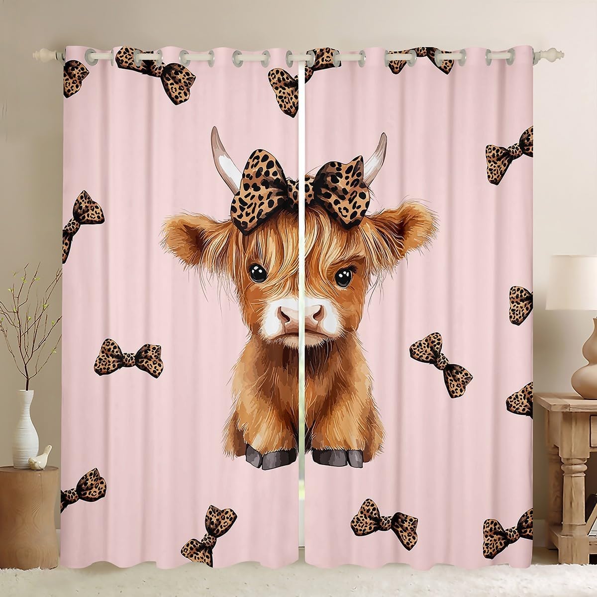 Highland Cow Blackout Curtains - Pink, 42x84 Inch
