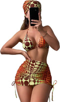 Women's 4 Piece Halter Triangle Bikini Set with Mesh Skirt - Sexy