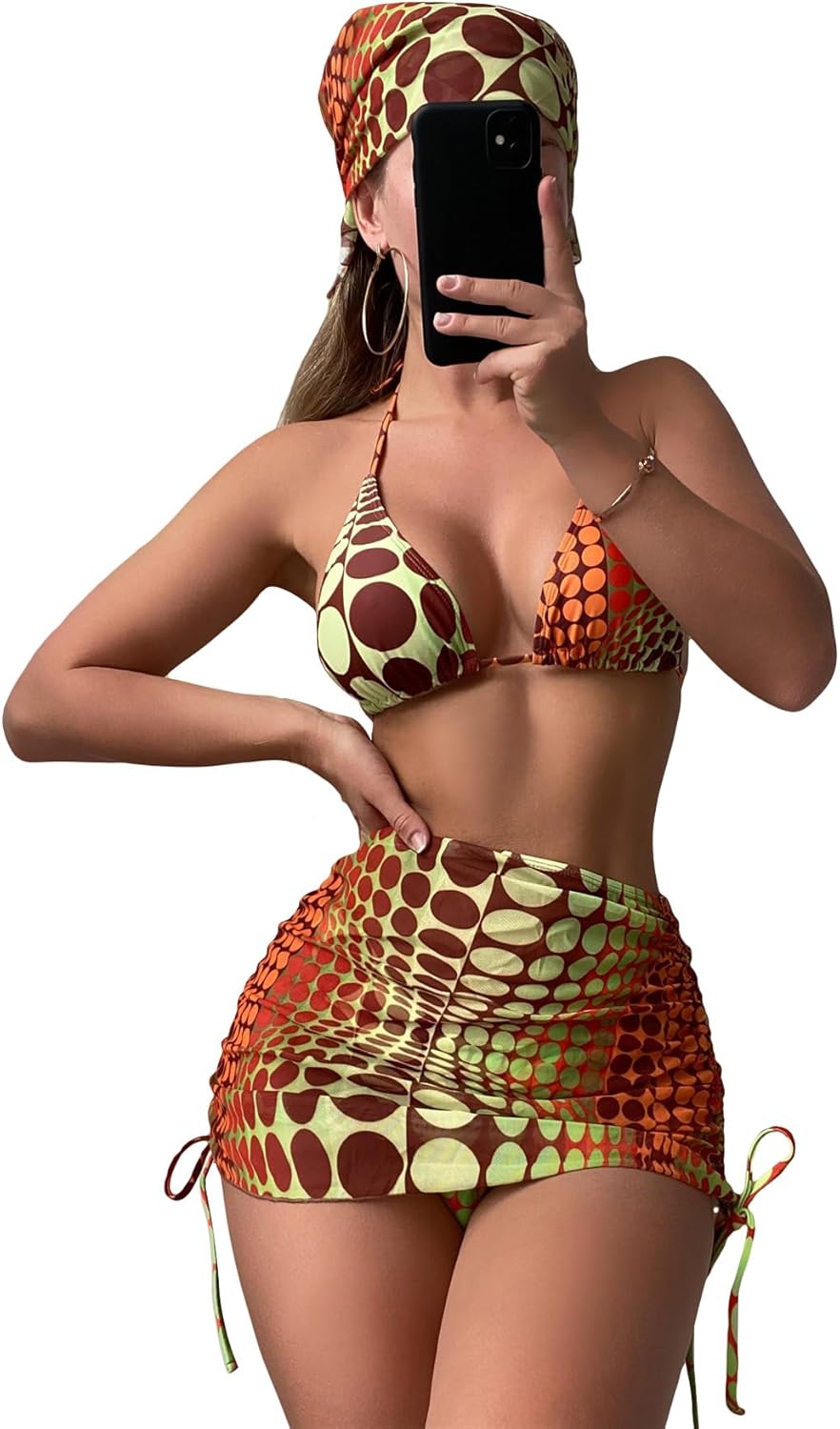 Women's 4 Piece Halter Triangle Bikini Set with Cover Up Skirt