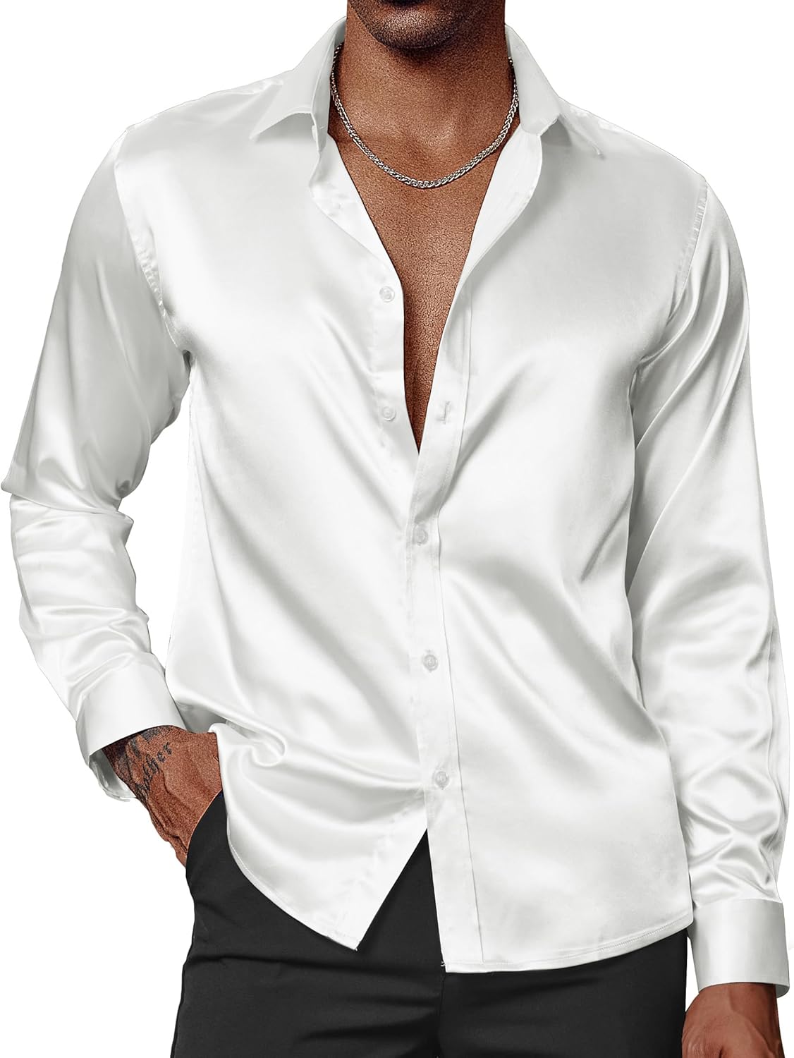 PJ PAUL JONES Men's Shiny Satin Dress Shirt with Bow Tie