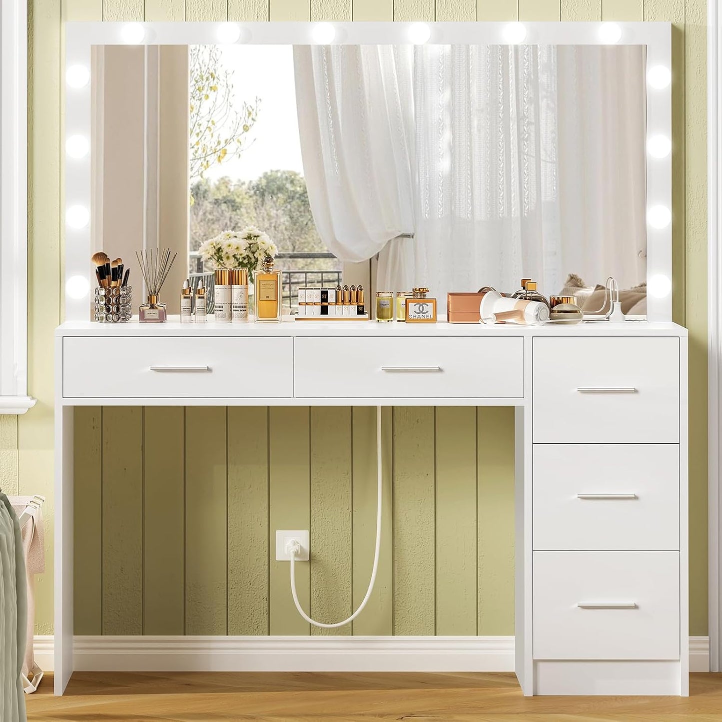 47.2 Lighted Vanity Desk with 14 Lights & 5 Drawers