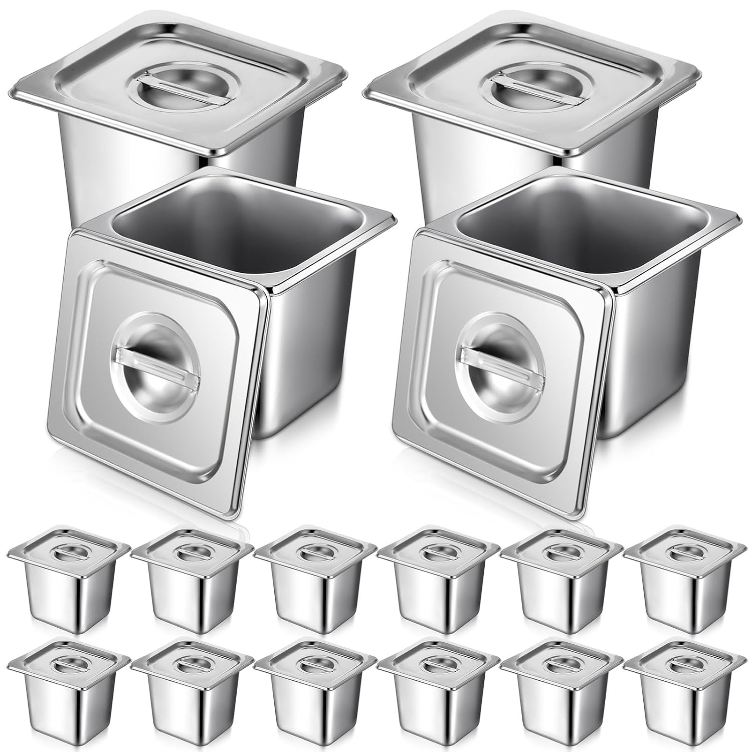 16 Pack Stainless Steel Hotel Pans with Lid and Tongs for Catering