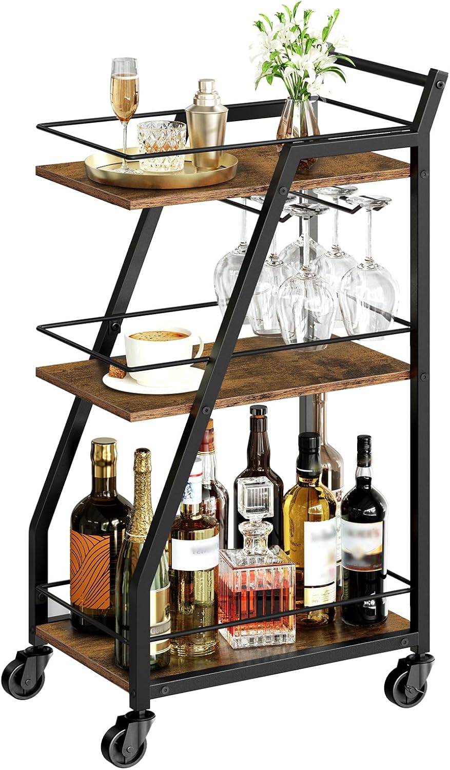 3-Tier Bar Cart for Home with Glass Holders and Rustic Design