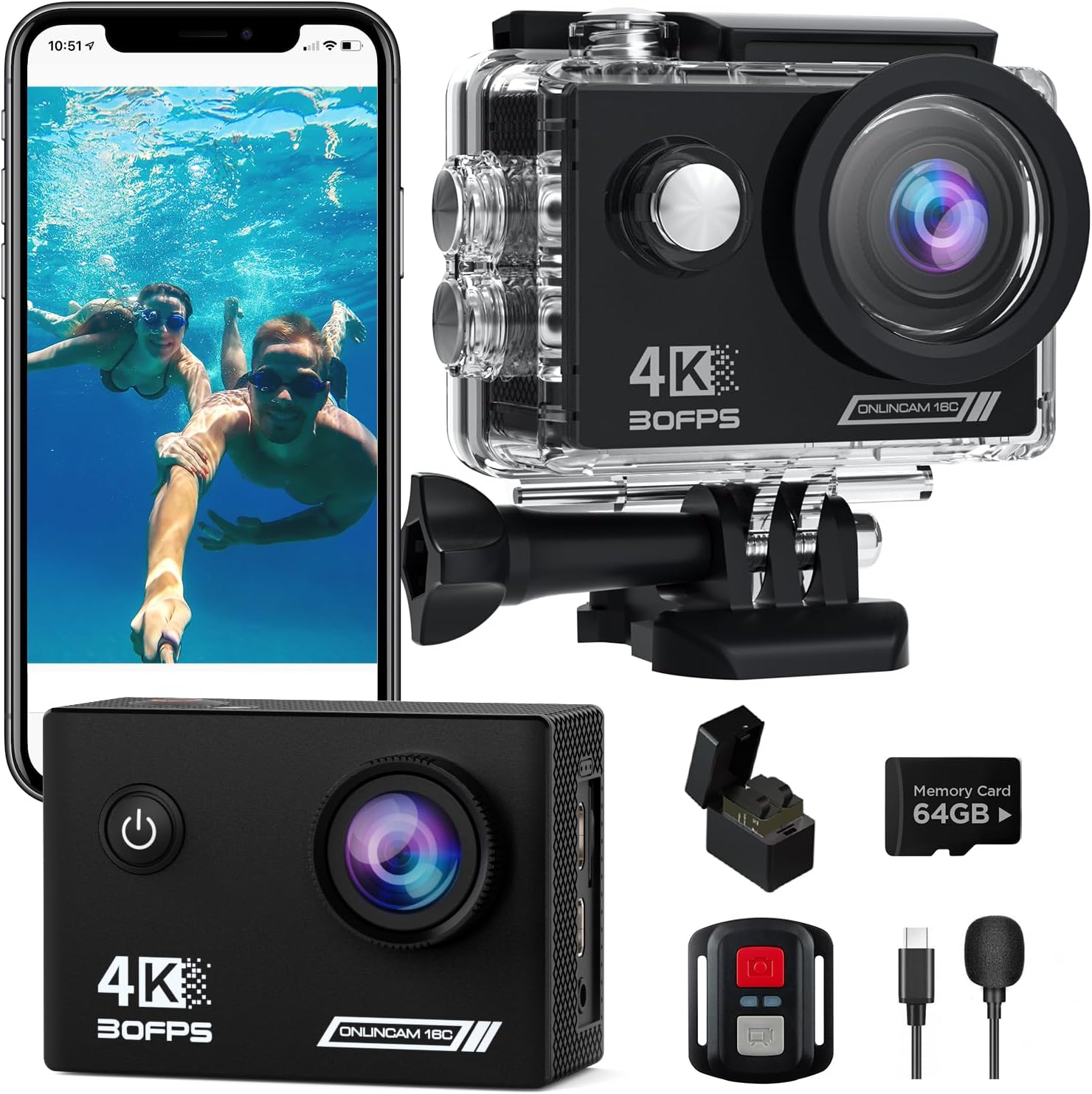 4K Action Camera Bundle: 20MP, WiFi, Waterproof, 64G SD