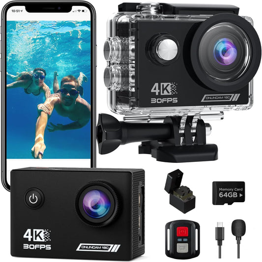 4K Action Camera Bundle: 20MP, WiFi, Waterproof, 64G SD