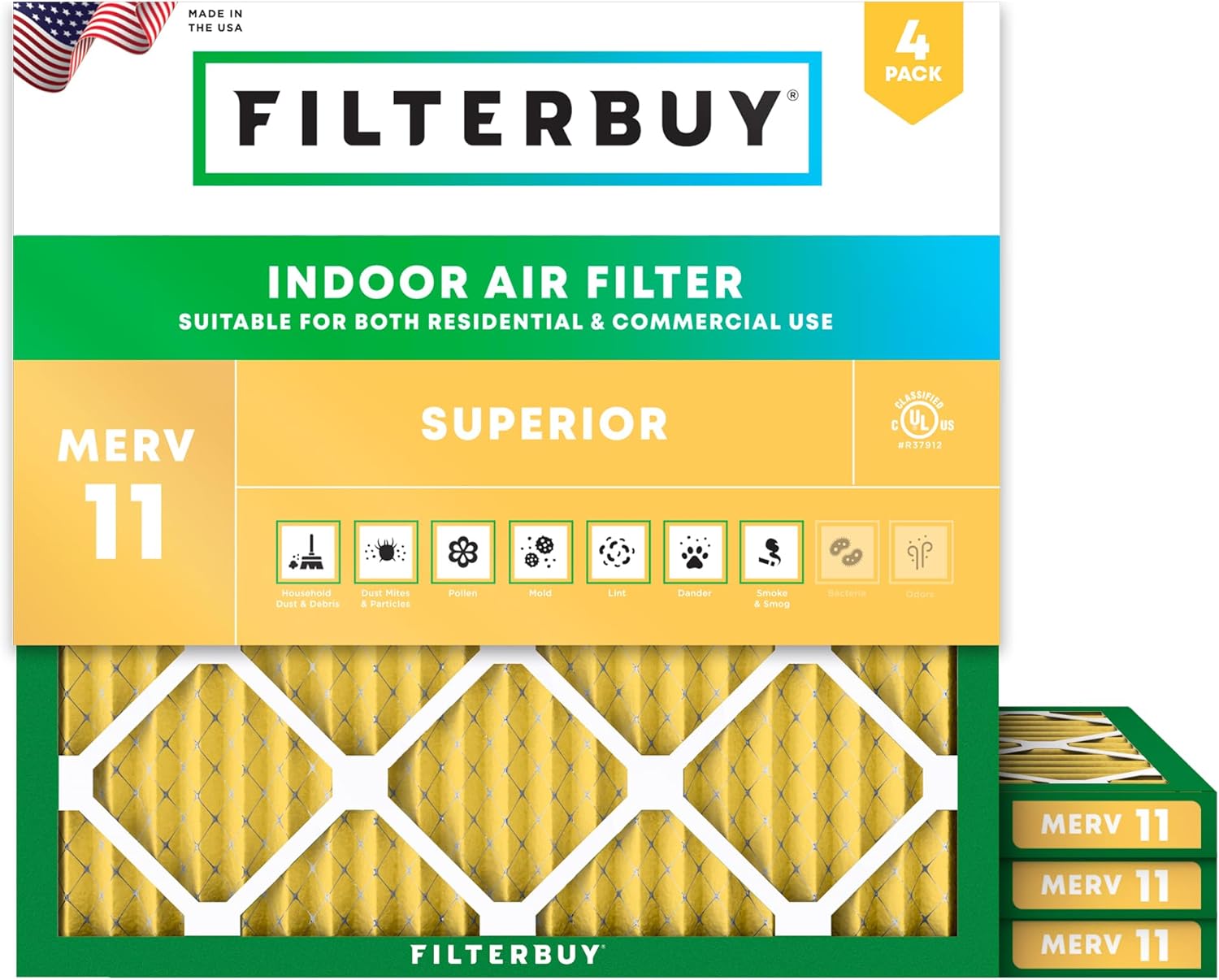 Filterbuy 25x25x1 Air Filter MERV 11 for Pet & Allergy Defense