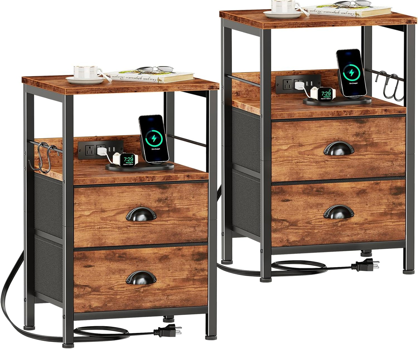 Furologee Nightstand Set of 2 with Charging Station and USB Ports