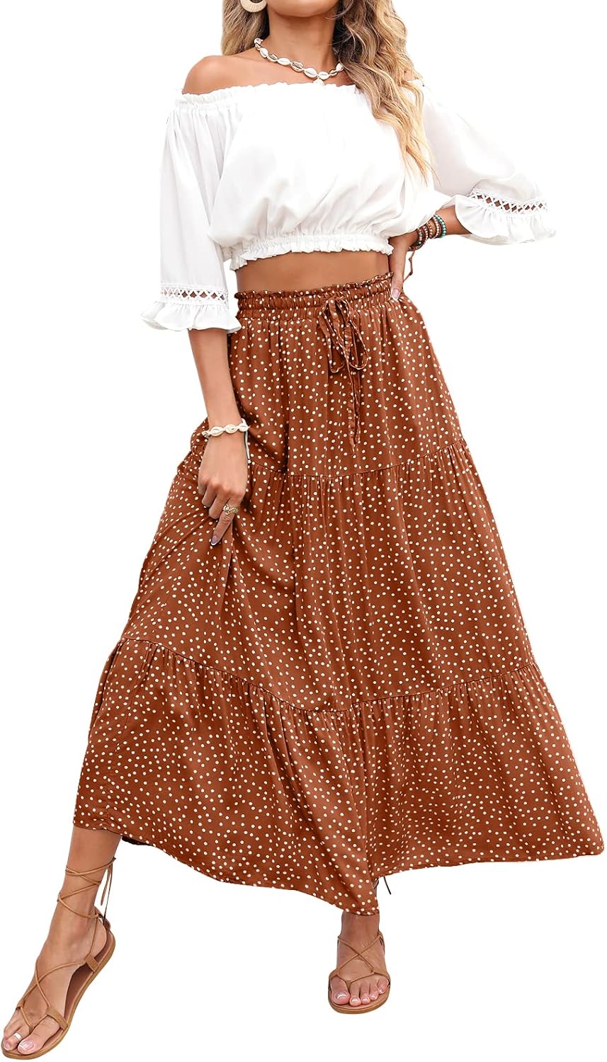 ZESICA Women's Bohemian Floral Printed Maxi Skirt with Pockets