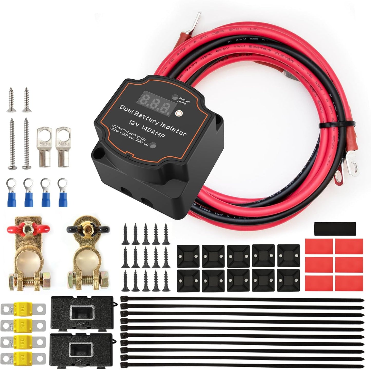 Battery Isolator 12V with 16.4ft Cable Kit for RV and Marine