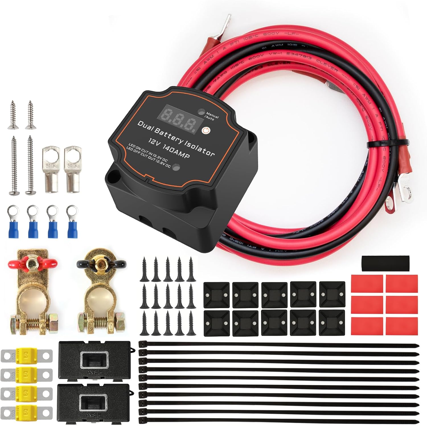 Battery Isolator 12V with 16.4ft Cable Kit for RV and Marine