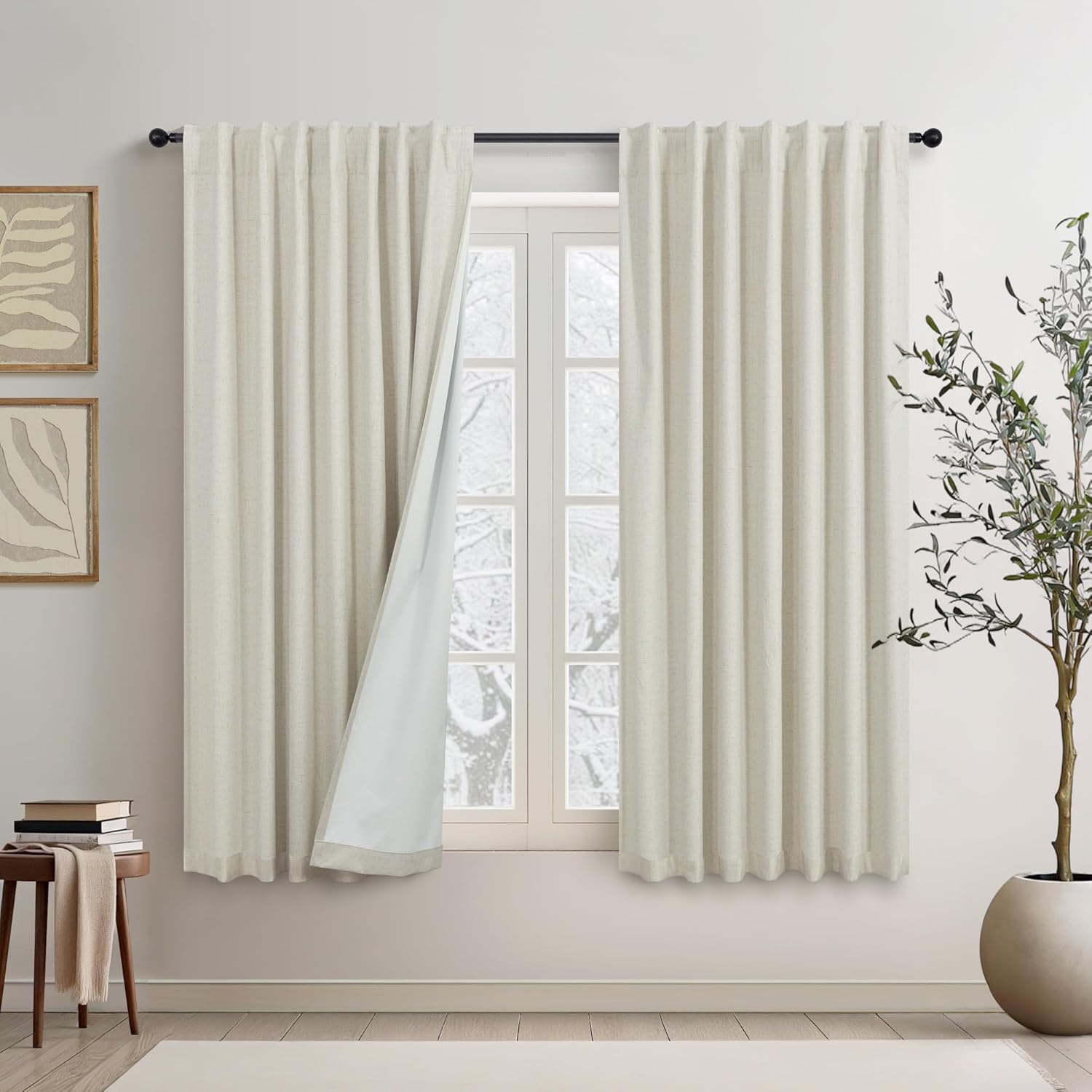 Short Linen Blackout Curtains for Bedroom and Kitchen 45 in