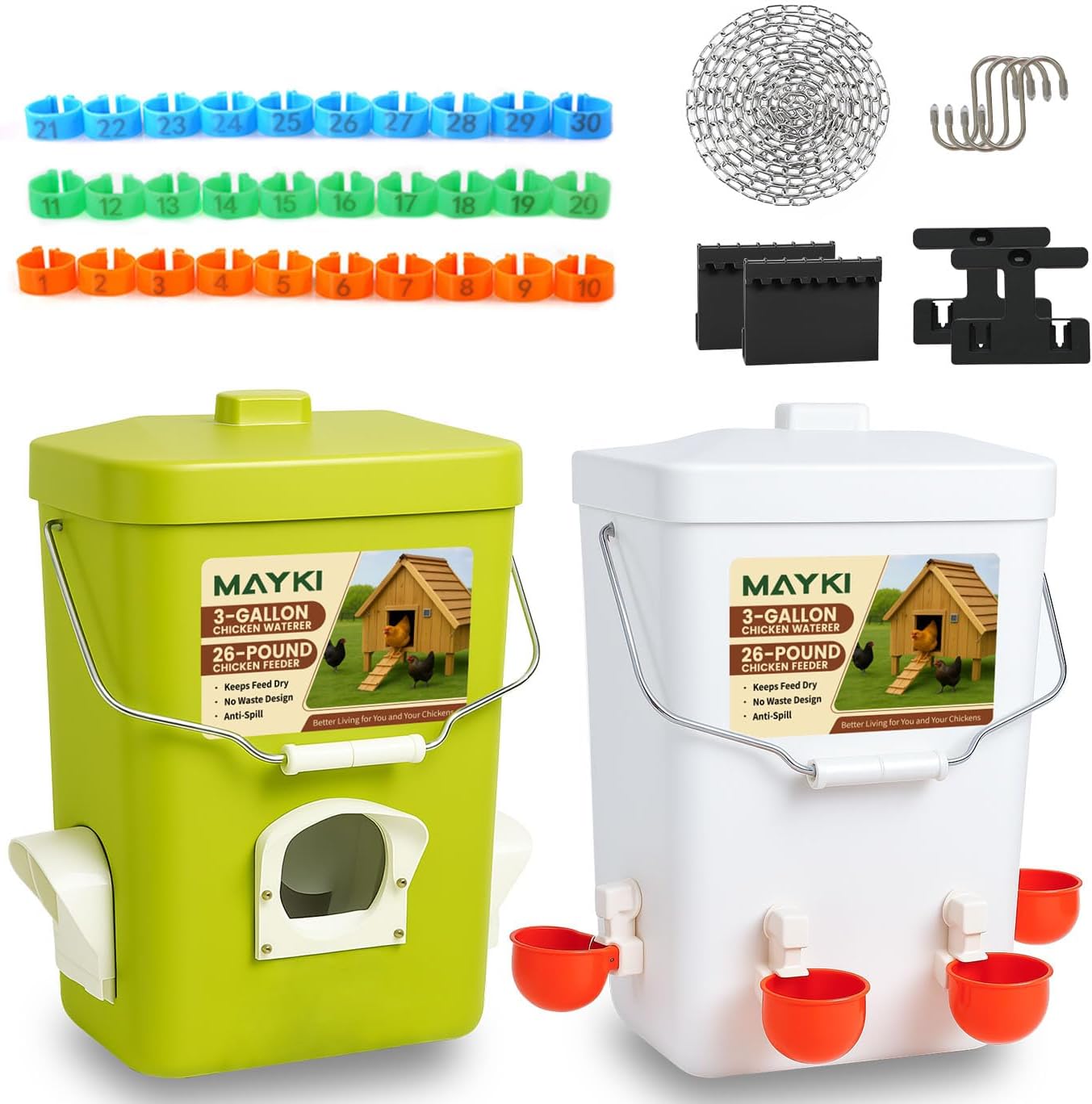 MAYKI Chicken Feeder and Waterer Set for No Waste Feeding