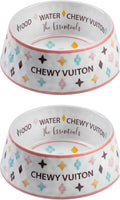 White Chewy Vuiton Dog Bowl Set - Medium Non-Skid Melamine