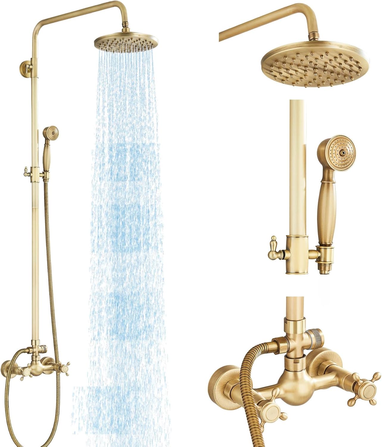 Antique Brass Shower System with 8 Inch Rainfall Shower Head