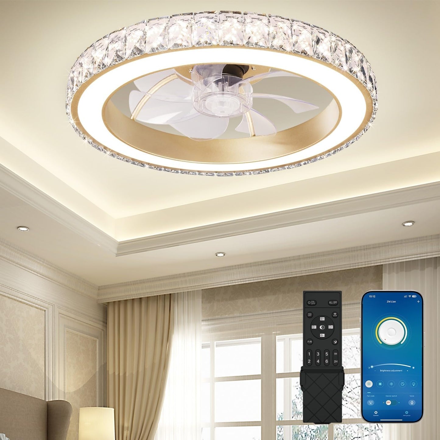 Aipsun Low Profile Modern Crystal Chandelier Ceiling Fan Light