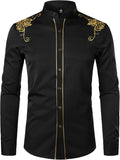 ZEROYAA Men's Luxury Gold Embroidered Slim Fit Dress Shirt - Long