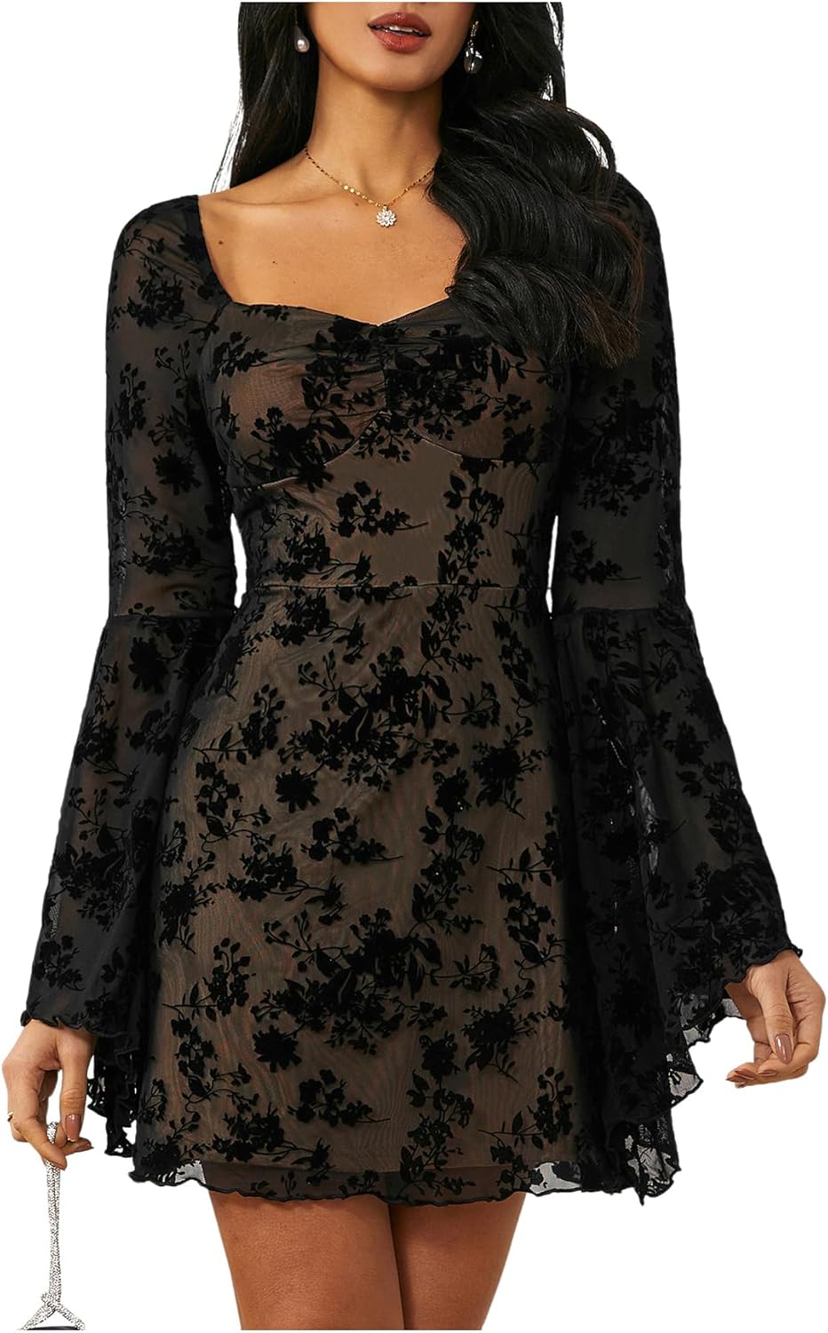 WDIRARA Women's Floral Jacquard Mesh Gothic Dress for Vintage Style