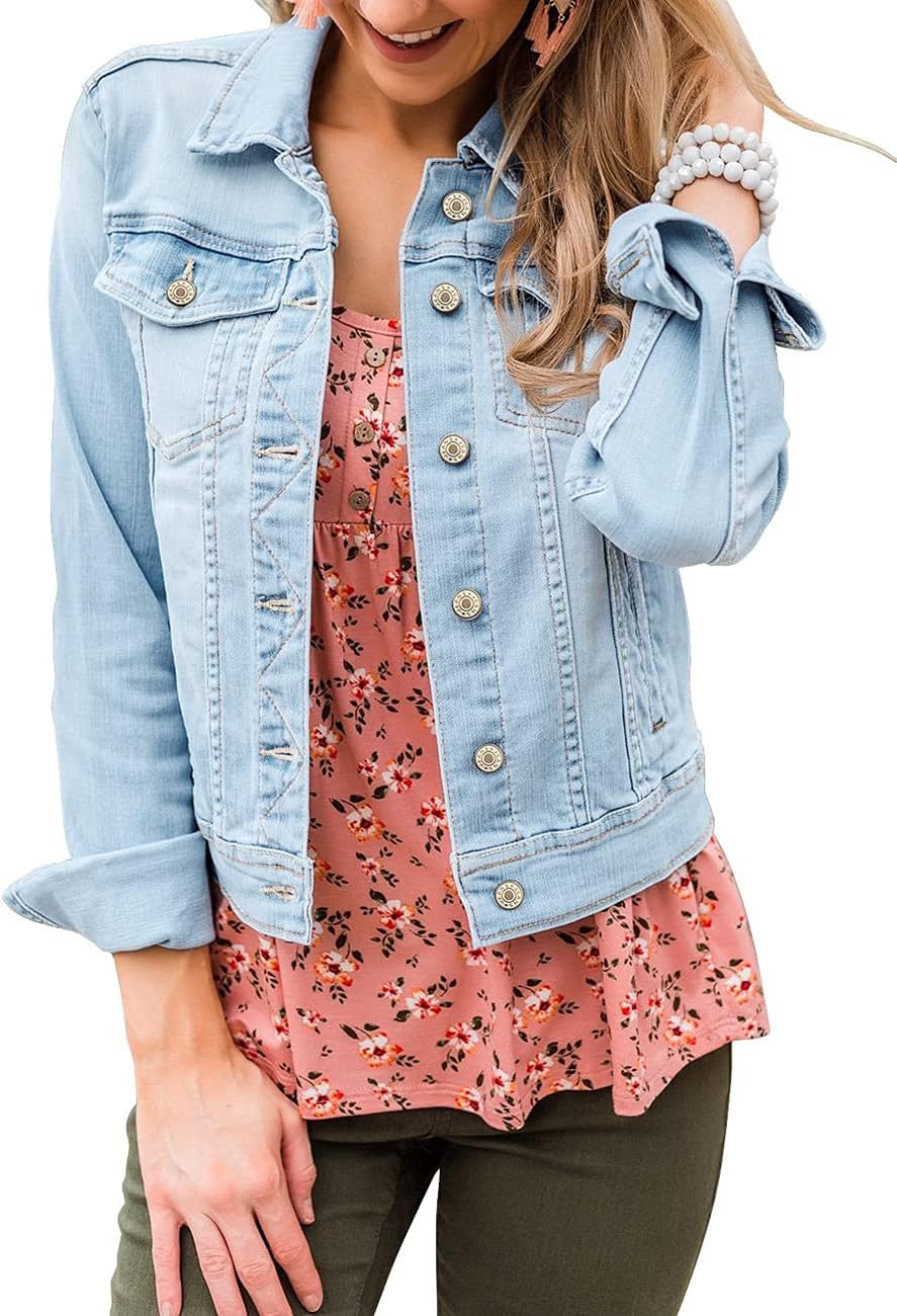 Womens Stretch Button Down Long Sleeve Denim Jacket for Style
