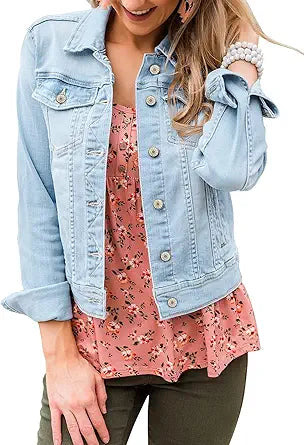 Vetinee Womens Stretch Button Down Long Sleeve Denim Jacket