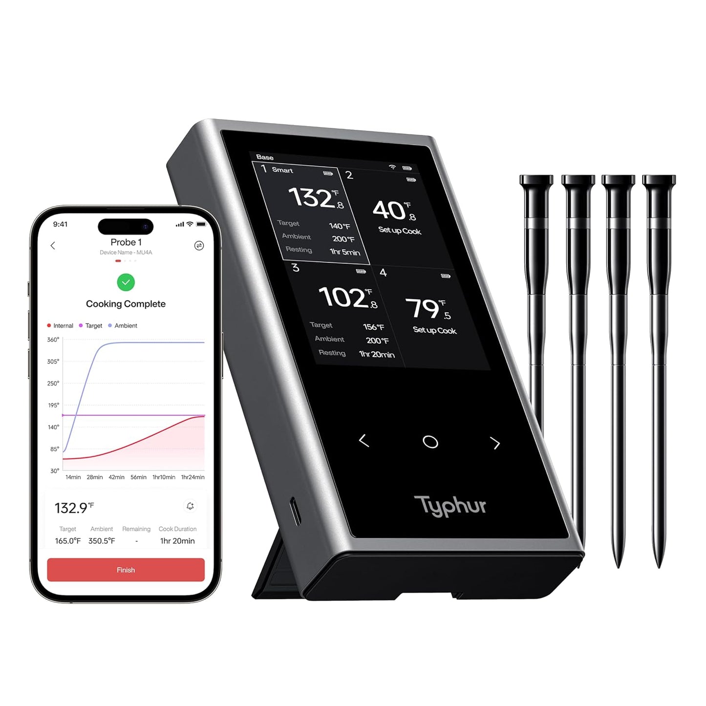 Typhur 4 Probes Meat Thermometer | WiFi/Bluetooth | Improved Stability | IPX8 Waterproof