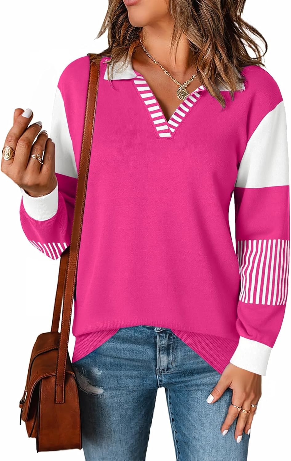 LOMON V Neck Long Sleeve Loose Sweaters for Stylish Comfort