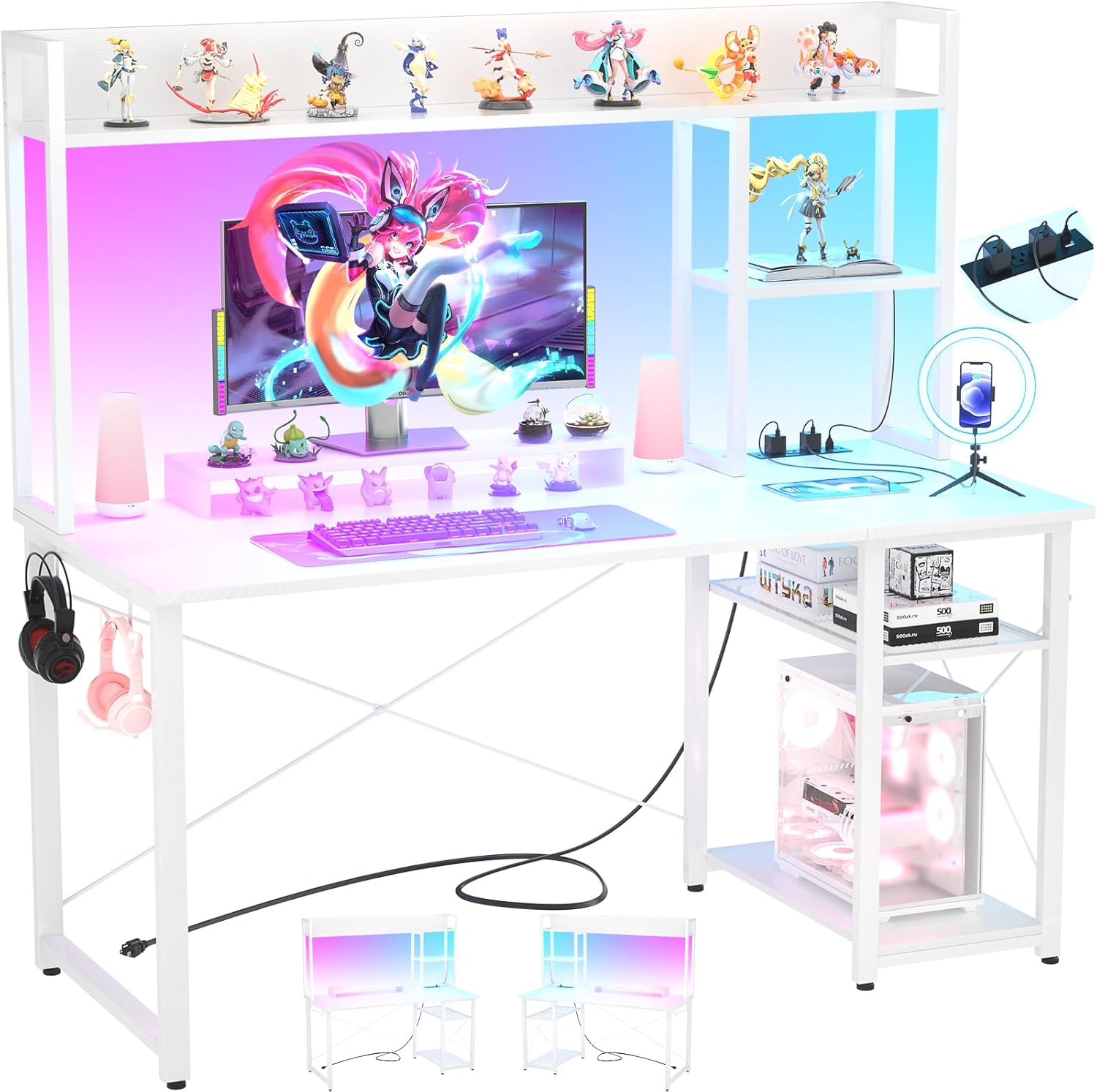 Compact Gaming Desk with LED Lights & Storage