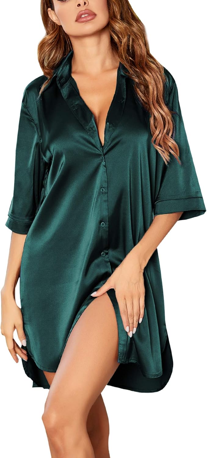 Ekouaer Women's Satin Nightshirt Button Down Sleepshirt Silk