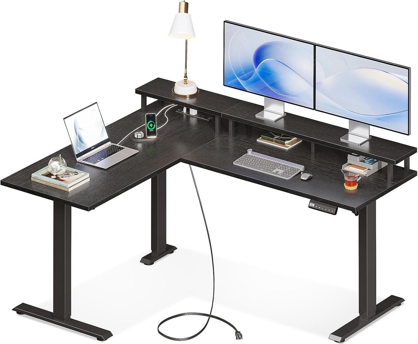 Height Adjustable L Desk with Power Outlets - 59 Inch