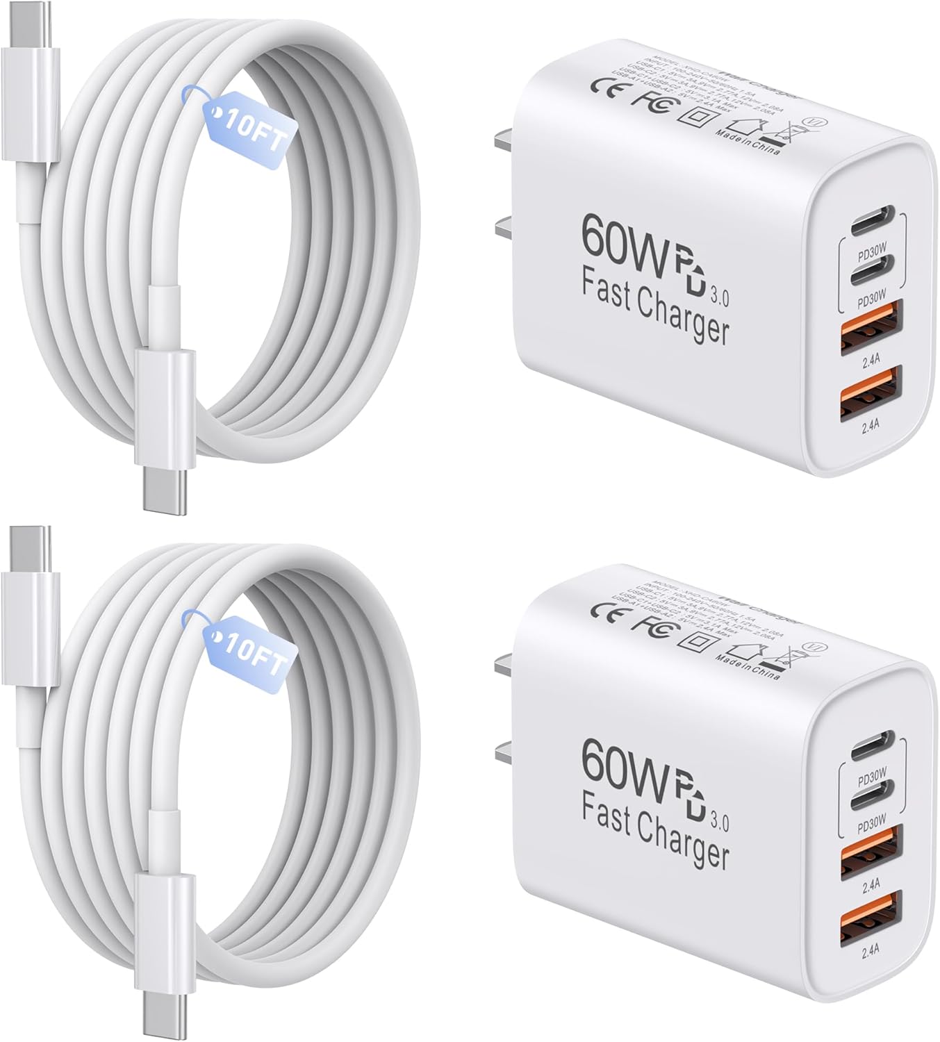 60W USB C Charger Fast Charging Block with 10FT Cables for iPhone