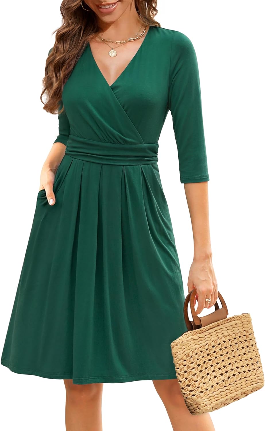 Zattcas Womens Wrap V Neck 3/4 Sleeve Cocktail Dress with Pockets