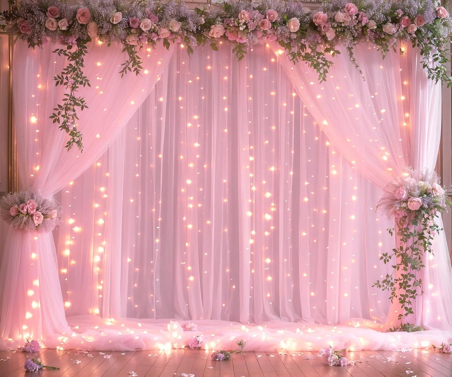 20ft X 8ft Pink Tulle Backdrop Curtains with Lights for Events